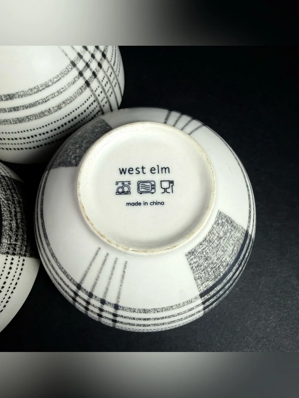 Set Of 3 Retired West Elm Black Original Plaid Cereal Bowls Stoneware